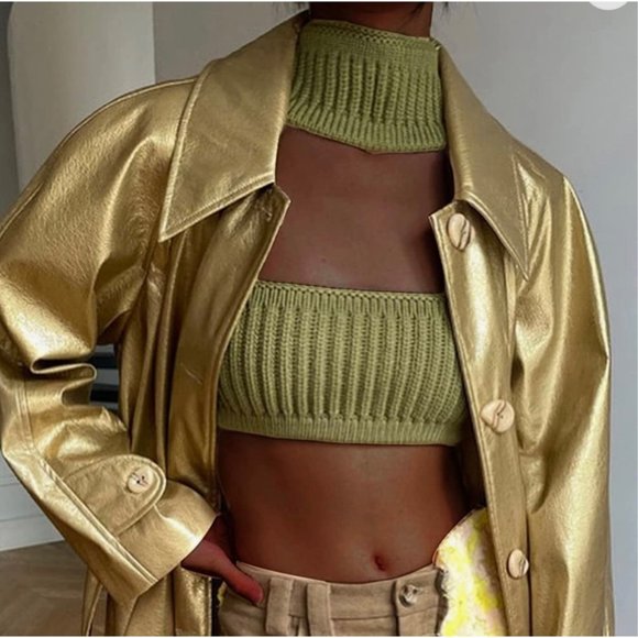 Womens|Knit Halter Crop Top|Large L|Green|Stretch|Sleeveless - Picture 1 of 13